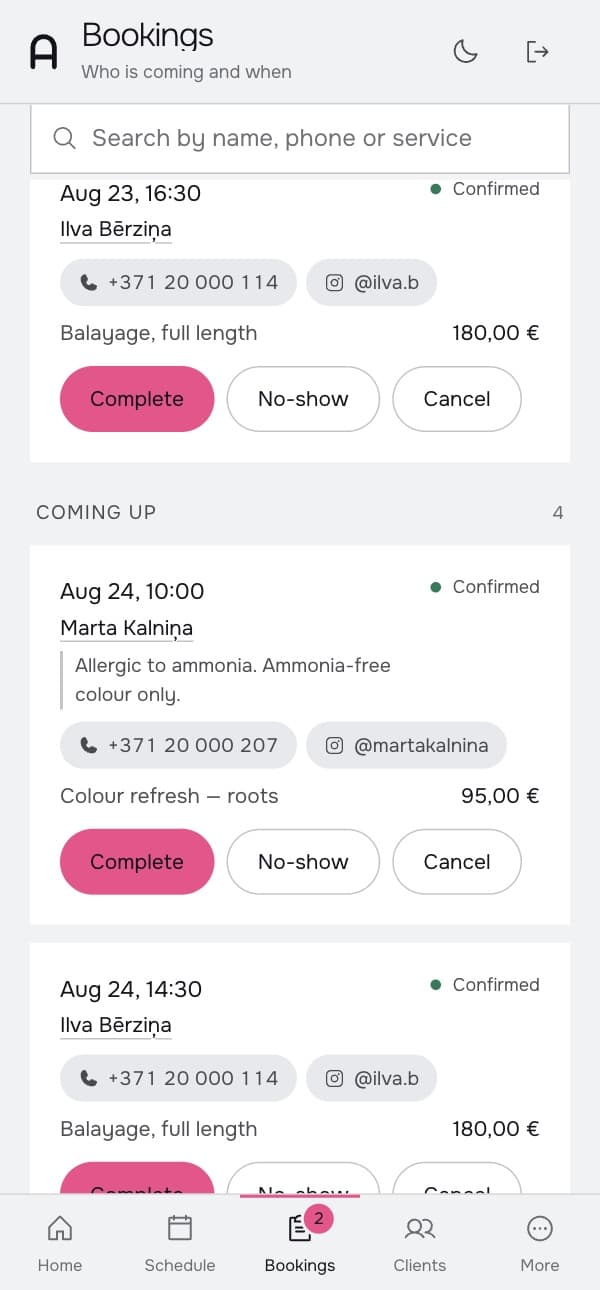 The master screen: a notification about a new booking over the cabinet