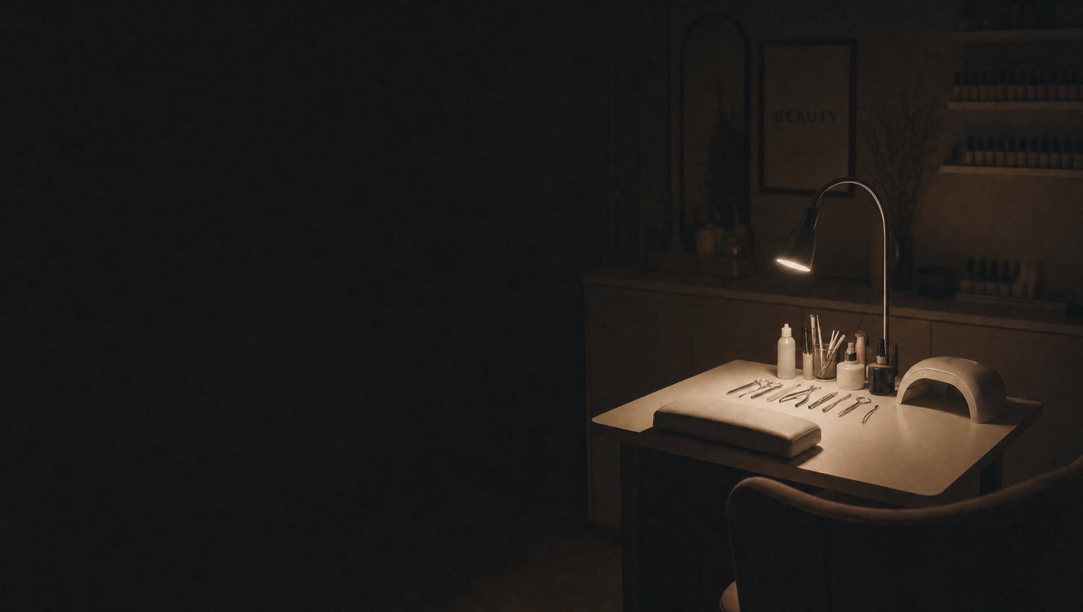 An empty studio at night with a single lamp left on